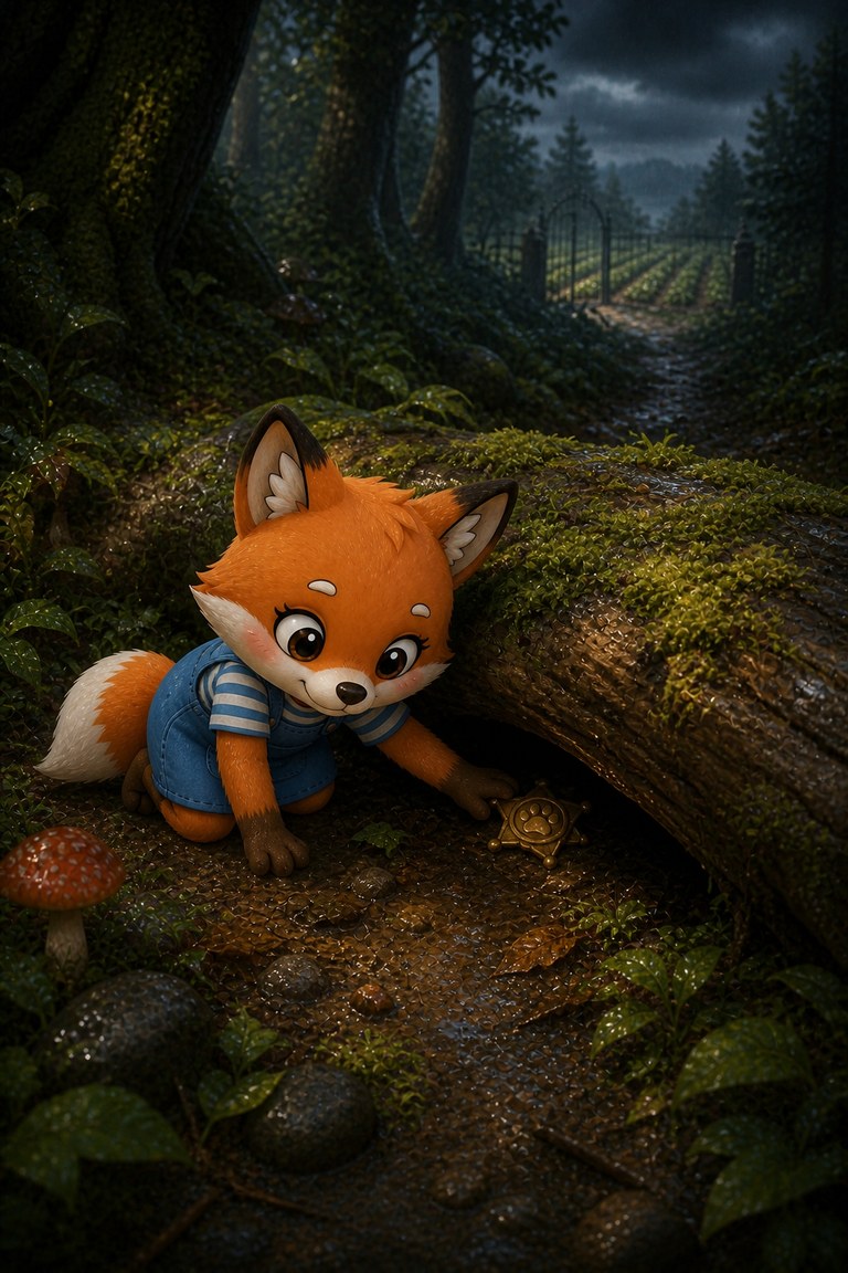 Foxy searches behind a mossy log on the forest floor.