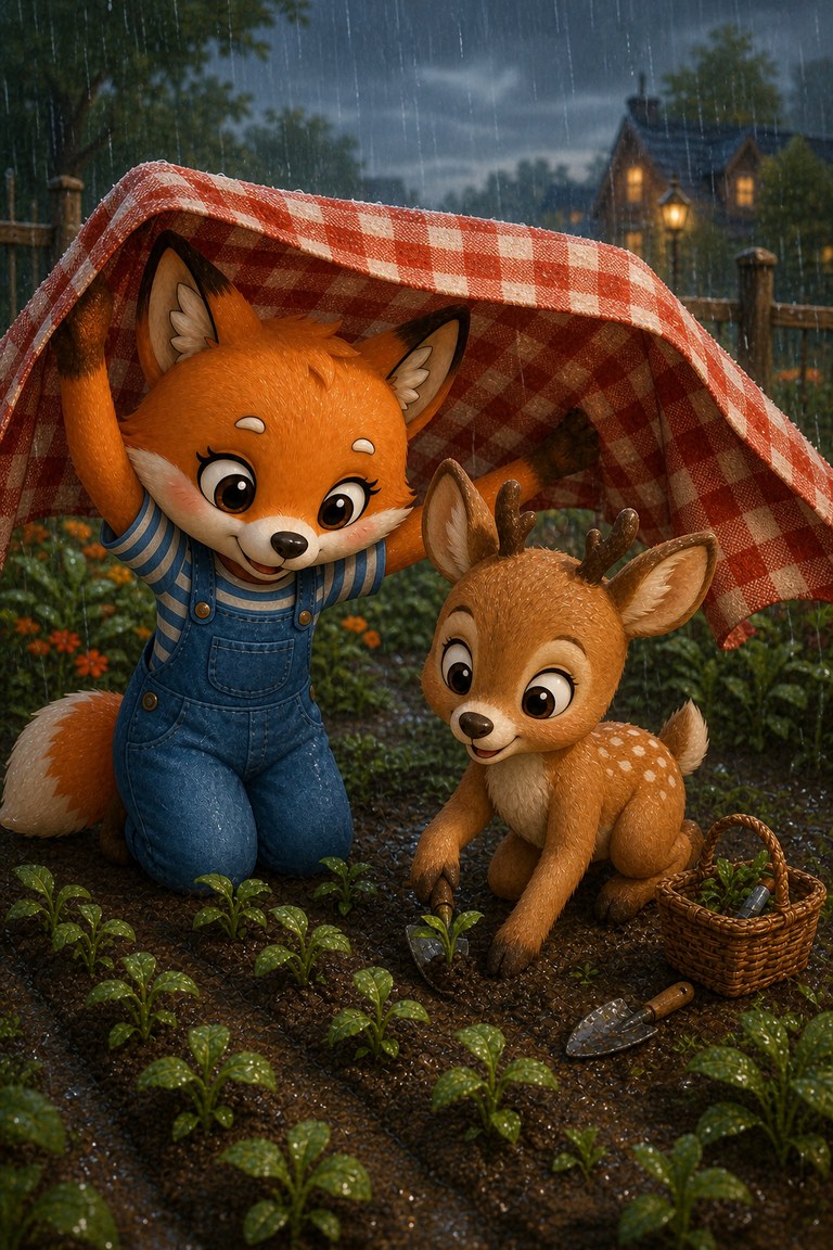 Foxy holds a picnic blanket over Ginger-Deer, who is planting seedlings in the rain.