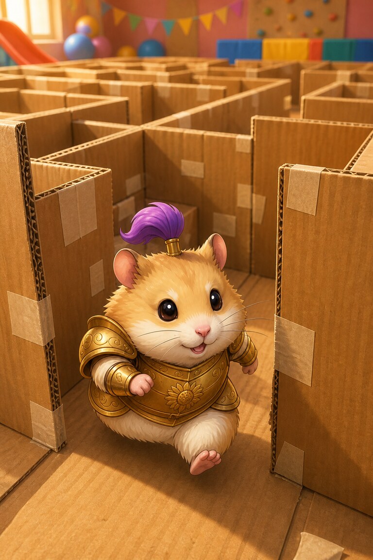 Ham-and-Cheese the hamster, in golden armour, runs into a cardboard maze.
