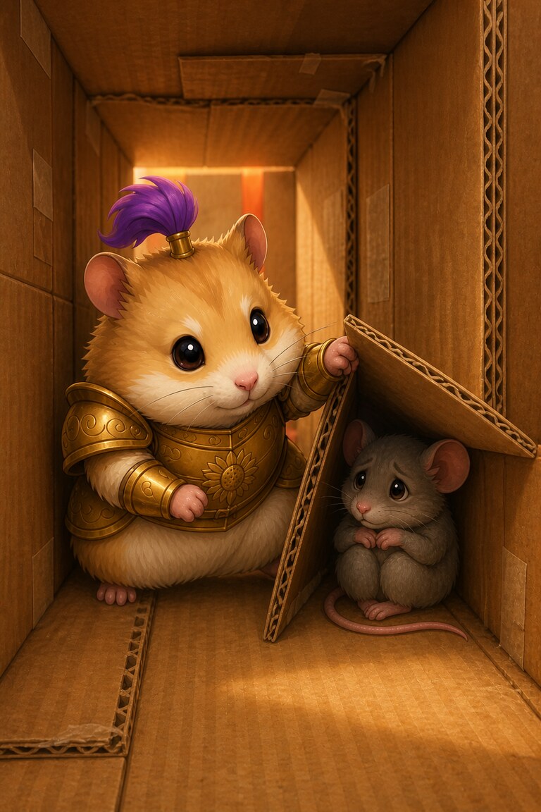 Ham-and-Cheese finds a small grey mouse hiding behind a cardboard flap.