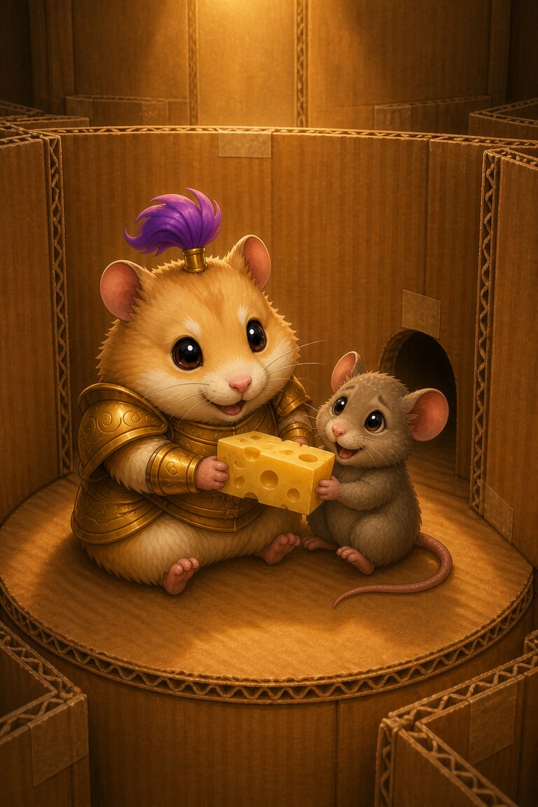 Ham-and-Cheese and the mouse share a wedge of cheese at the centre of the maze.