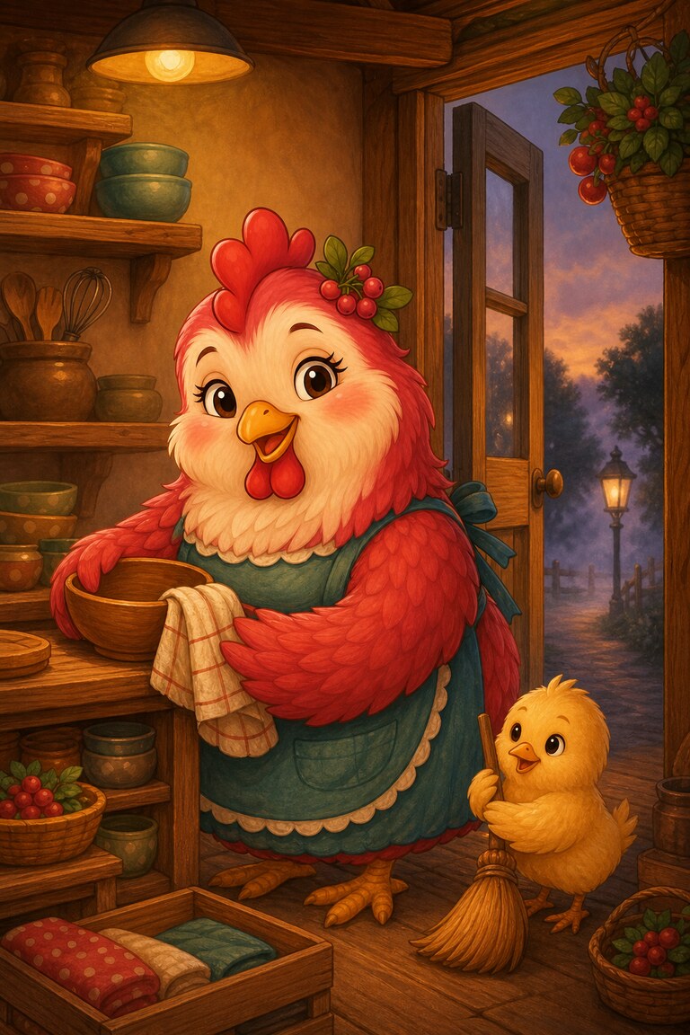 Hen-Berry closes her shop for the night while the chick sweeps beside her.