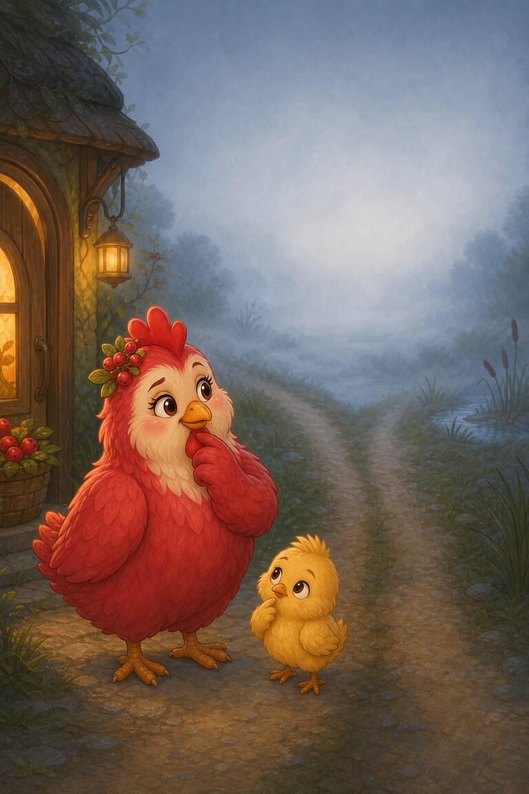 Hen-Berry and the chick wonder which way to go as thick fog covers two paths.