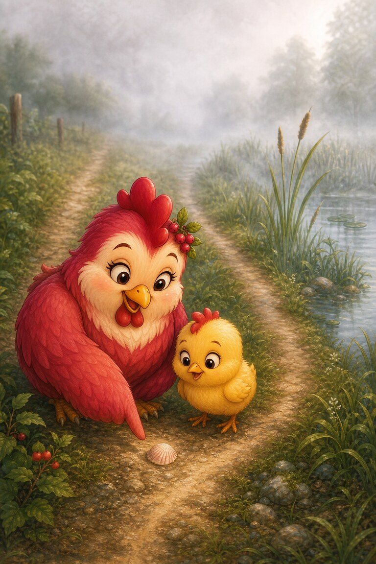 Hen-Berry points out a small shell lying on the narrow track by the pond.