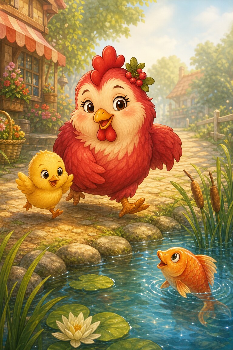 Hen-Berry and the chick hurry past the pond as a friendly fish pops up to say hello.