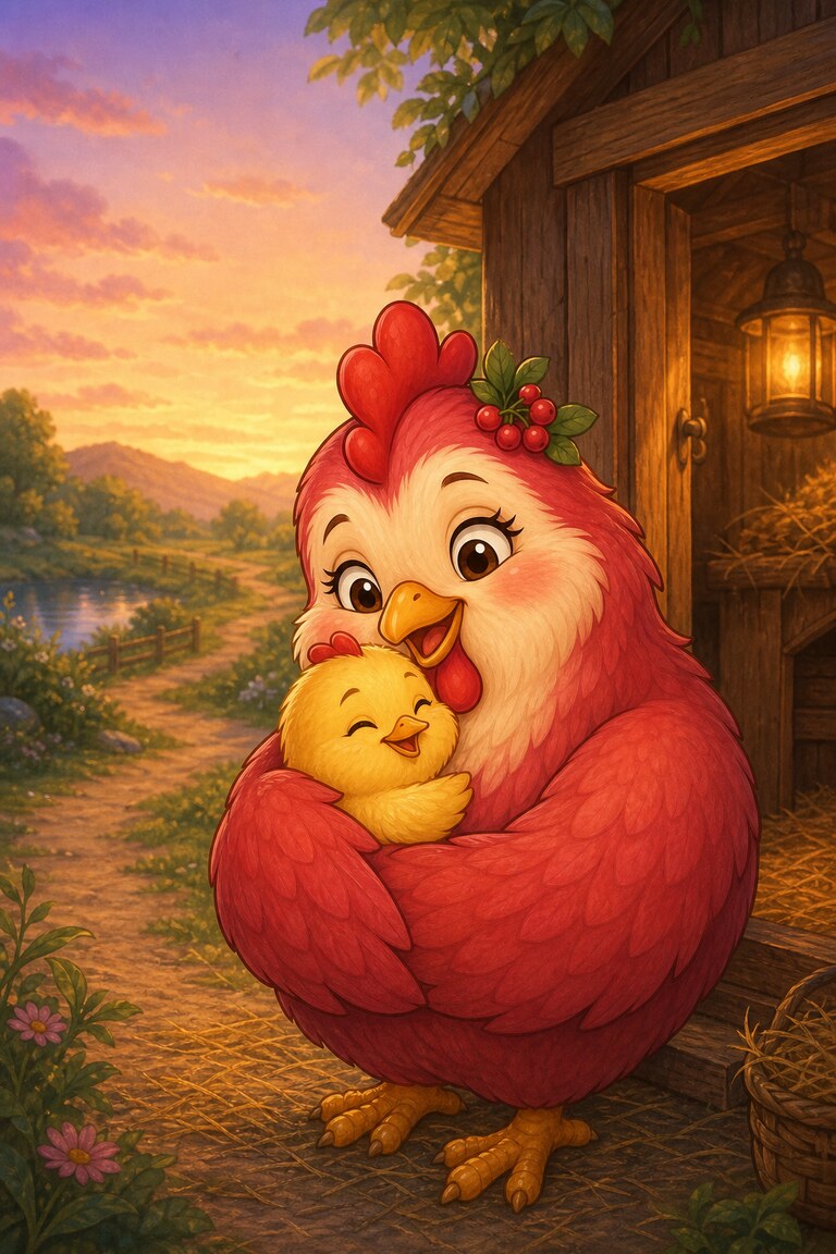 The chick hugs Hen-Berry outside the shed at sunset.