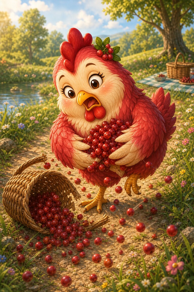 Hen-Berry holds an armful of berries as more spill from a tipped basket.