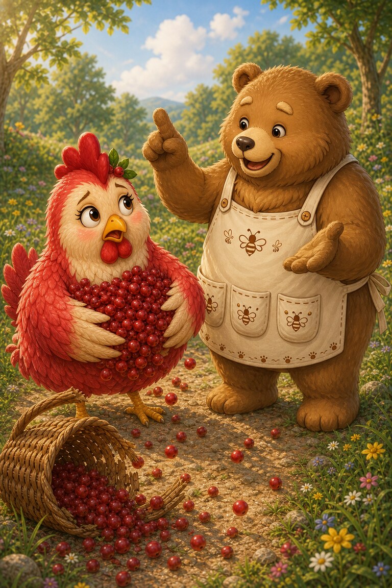 Ted-E-Bear points and offers advice while Hen-Berry's wings are full of berries.