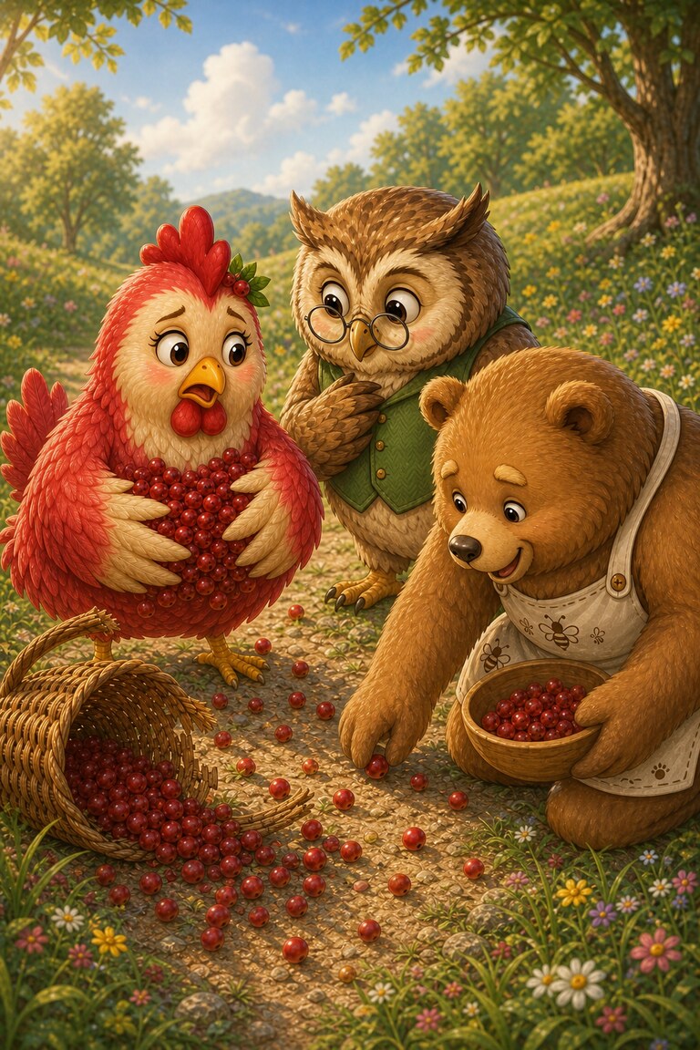 Wise Owl leans in to listen as Ted gathers berries into a bowl.