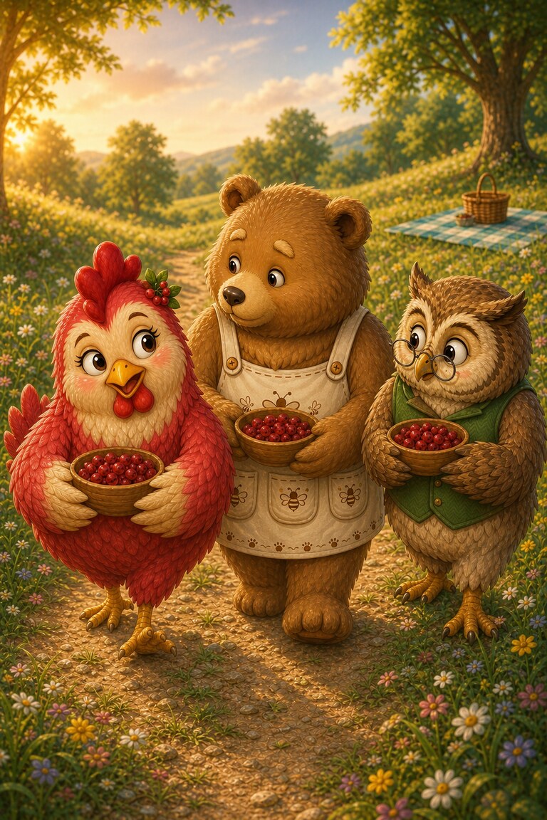 Hen-Berry, Ted and Wise Owl each carry a small bowl of berries.