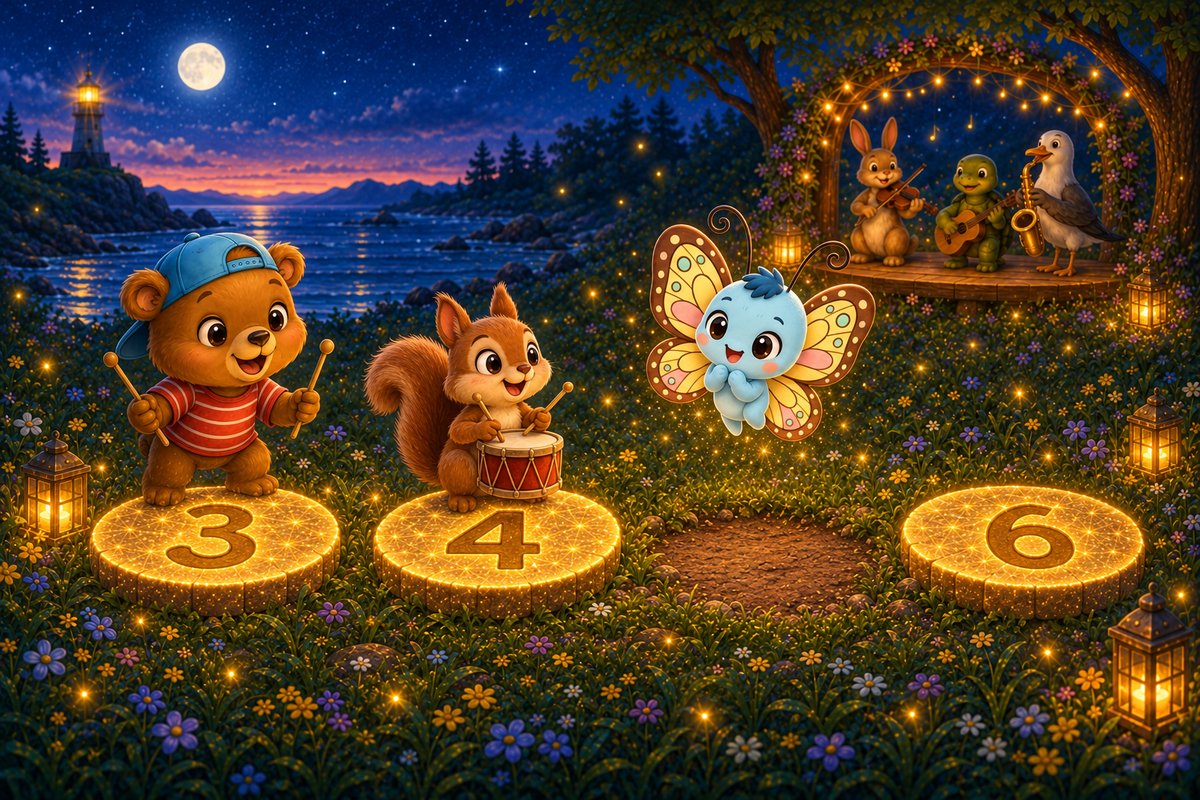 A squirrel drummer waits on stone 4; stones 3, 4 and 6 glow with a gap where 5 belongs.