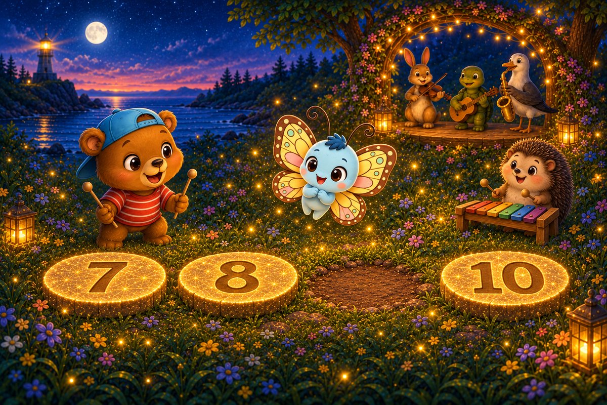 Stones 7, 8 and 10 glow by the flower arch with a gap between 8 and 10, as a hedgehog waits with a xylophone.