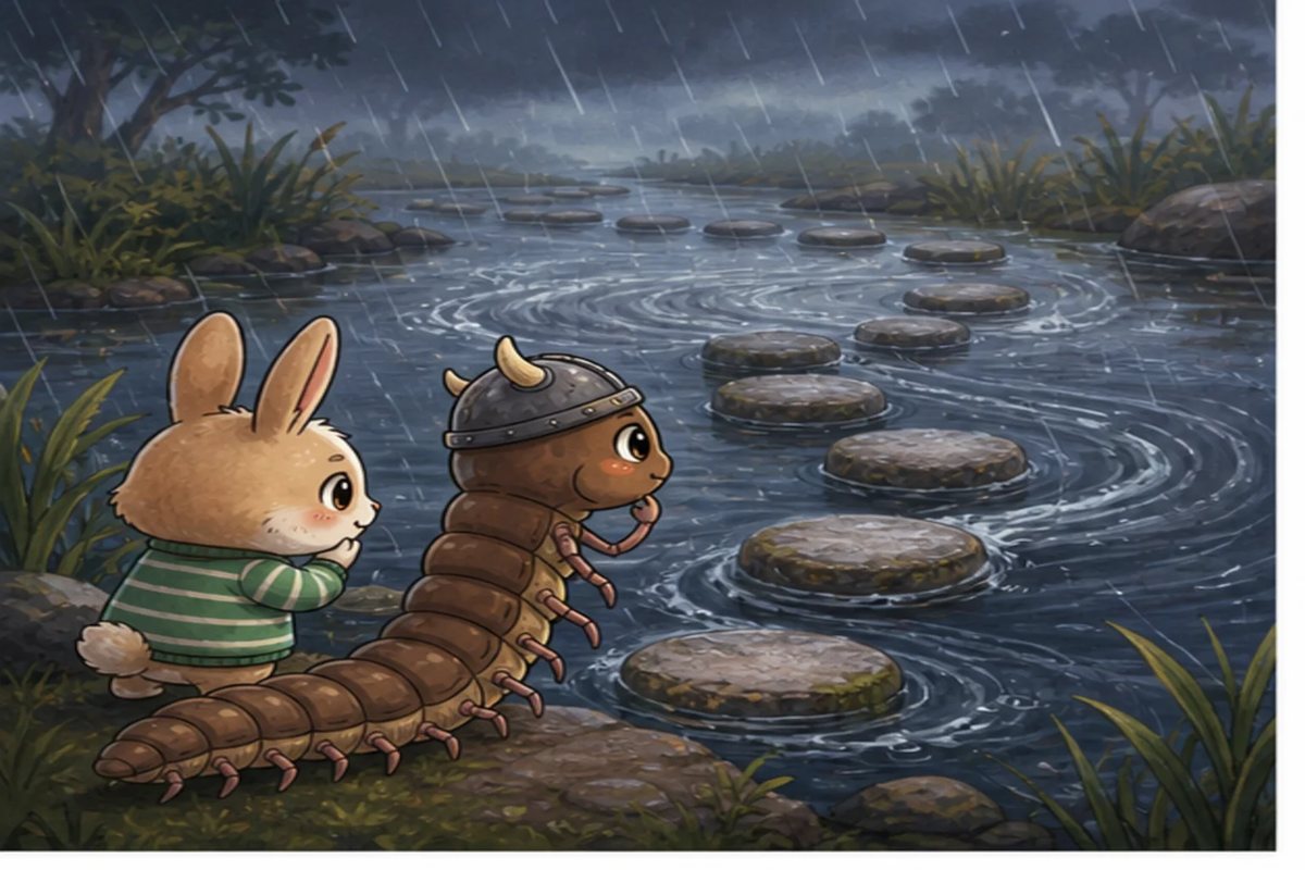Hop-Tart the rabbit and Centi-Peed look out at stepping stones swirling in a rainy pond.