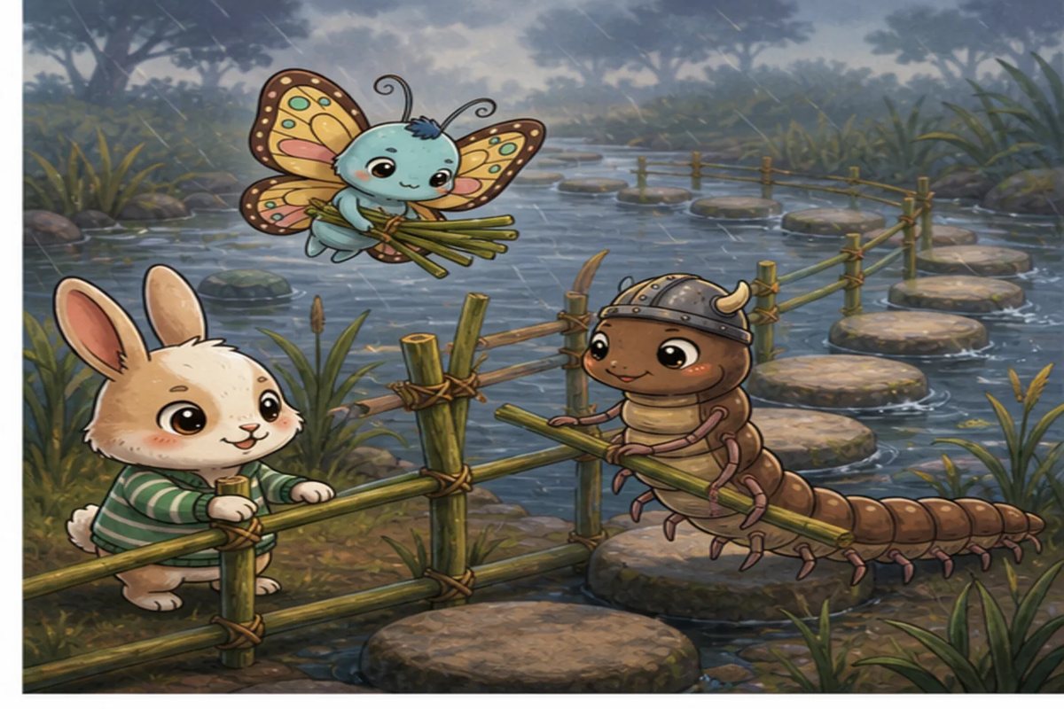 Flutter-Butter brings bundles of reeds as Hop-Tart and Centi-Peed build handrails.