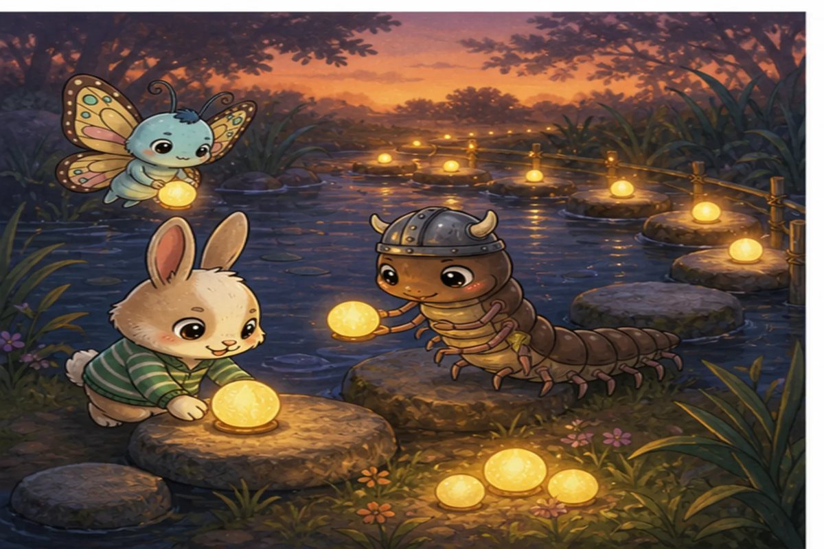 Hop-Tart and Centi-Peed place glowing seeds beside the stepping stones at dusk.