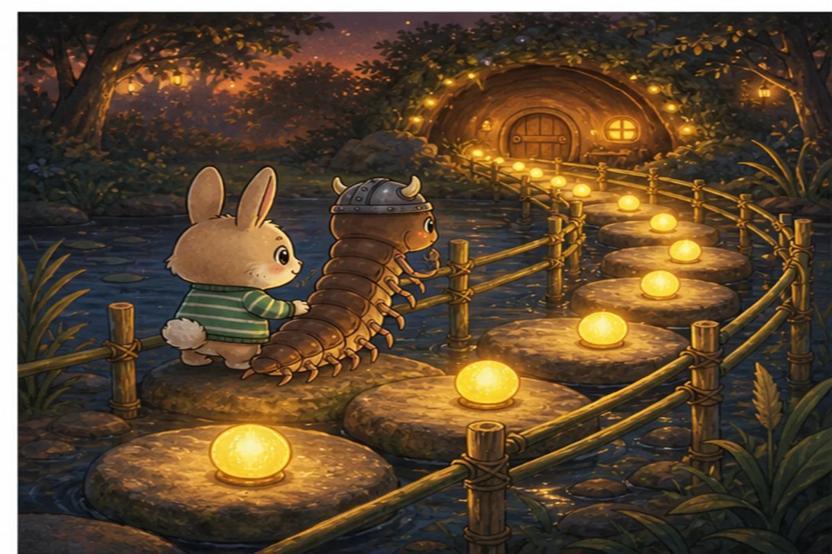 A lit path of stones and rails leads Hop-Tart and Centi-Peed to a glowing home.