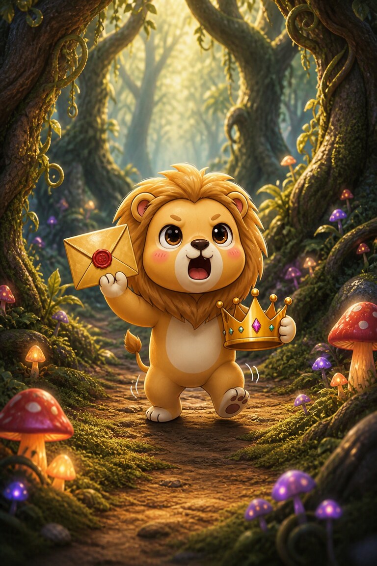 Lionnaise walks through an enchanted forest holding a golden invitation and her crown.