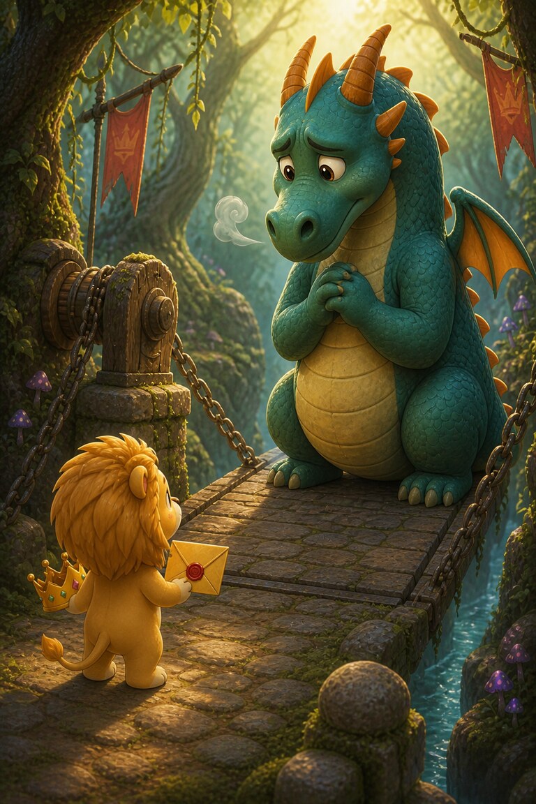 A big green dragon blocks a stone bridge, looking worried rather than fierce.