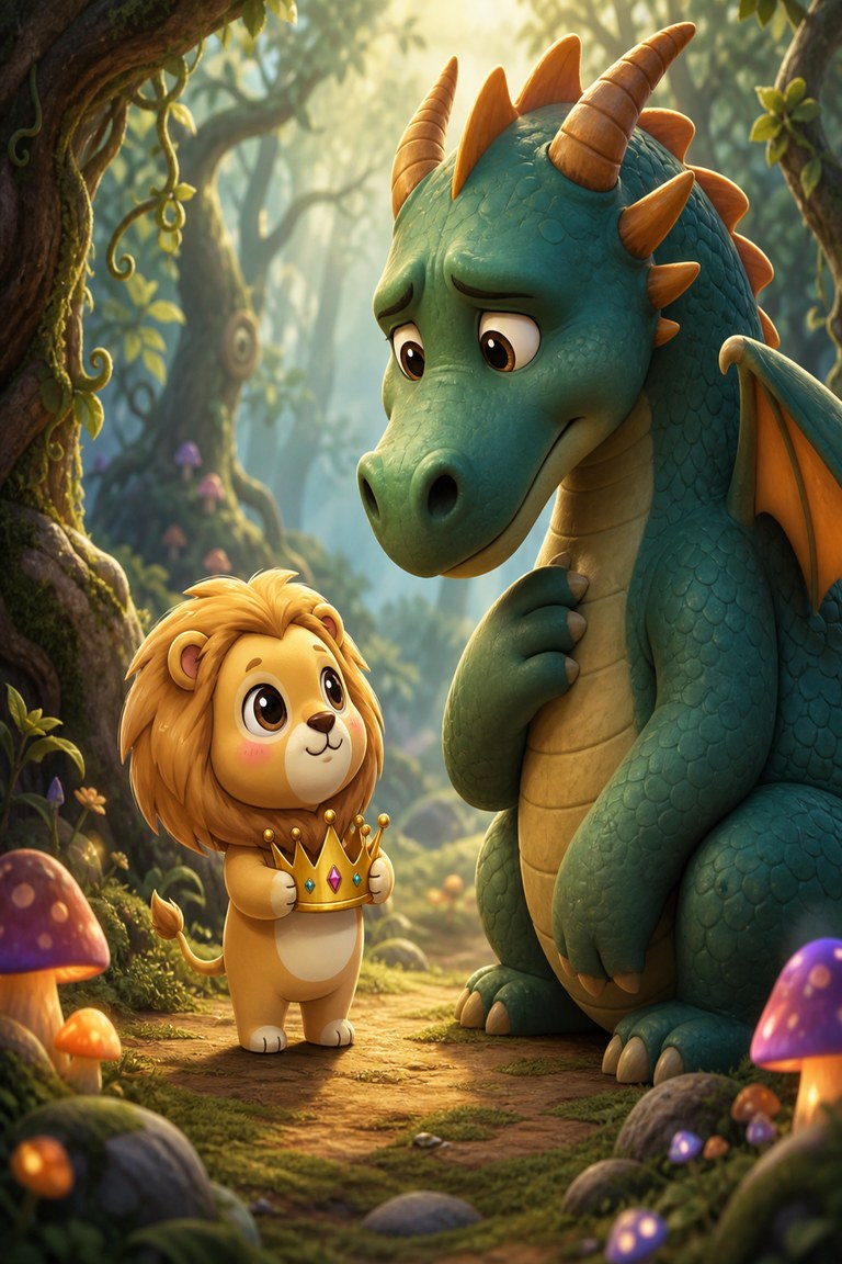 Lionnaise holds up her crown and the invitation as the dragon leans down to listen.