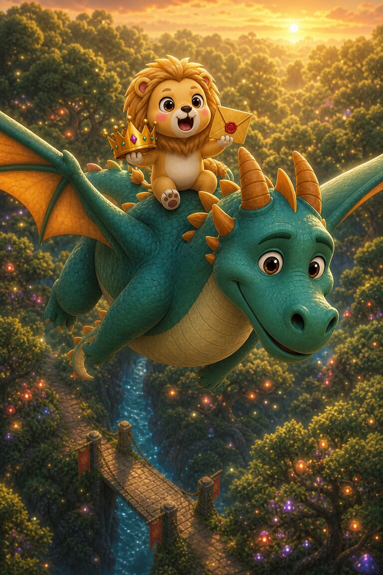 Lionnaise rides on the dragon's back above the sparkling treetops.