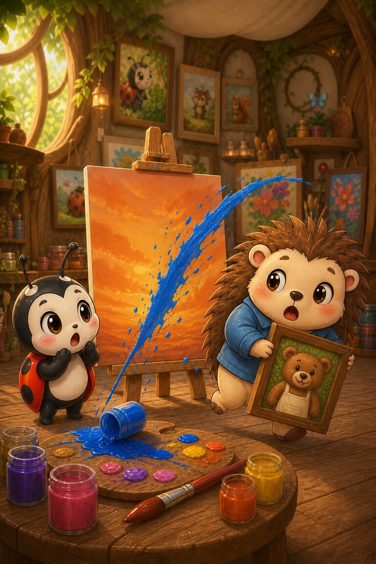 Quill-Berry holds Ted's portrait beside a sunset canvas as blue paint splashes across it.