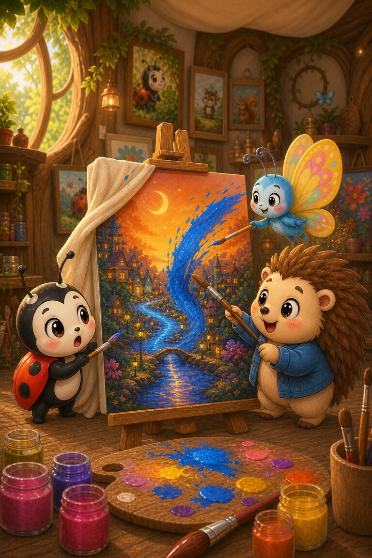 Luckybug, Quill-Berry and Flutter-Butter turn the blue splash into a river through a moonlit town.