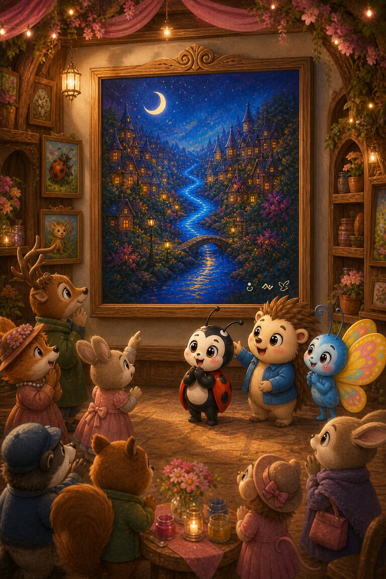 Gallery visitors admire the finished river painting with Luckybug, Quill-Berry and Flutter-Butter.