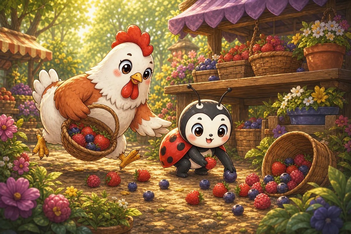 Hen-Berry's basket tips and berries roll across the market path while Luckybug the ladybird hurries over.