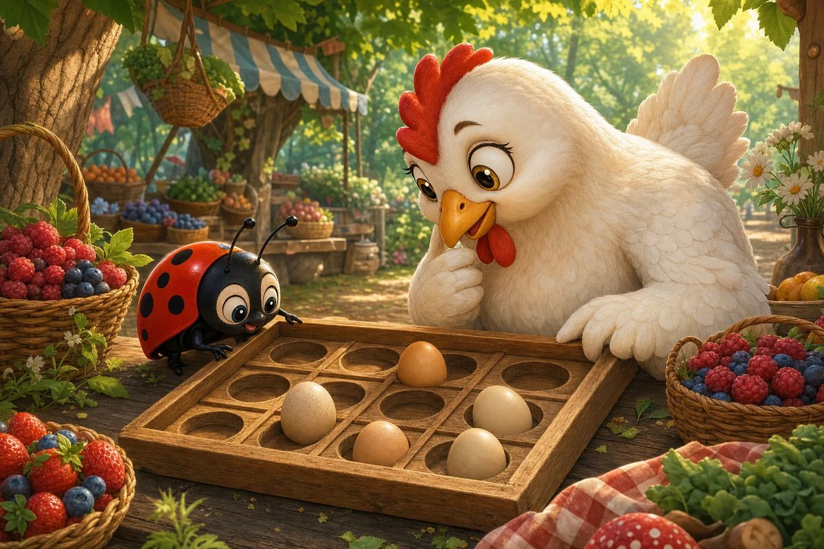 Hen-Berry counts the eggs left in a wooden tray as Luckybug looks on.
