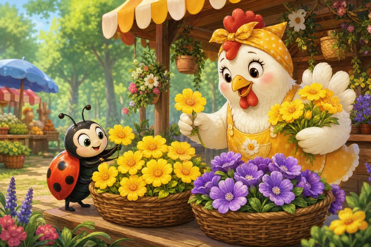 Luckybug and Hen-Berry with baskets of yellow and purple flowers.