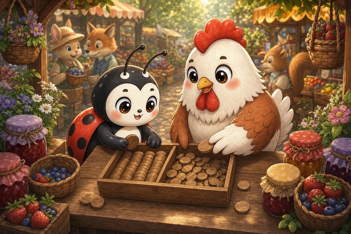 Luckybug and Hen-Berry sort wooden tokens at the stall.