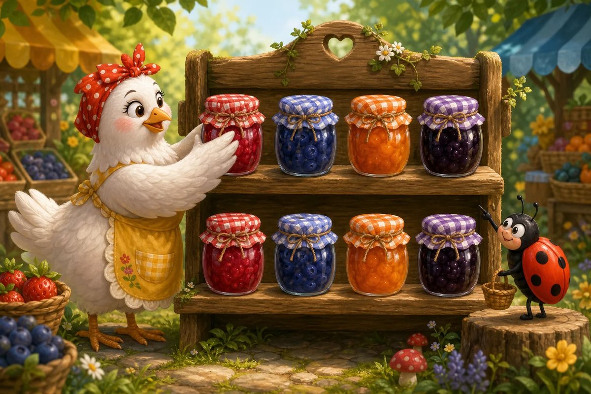 Hen-Berry sets out jam jars on two matching shelves.
