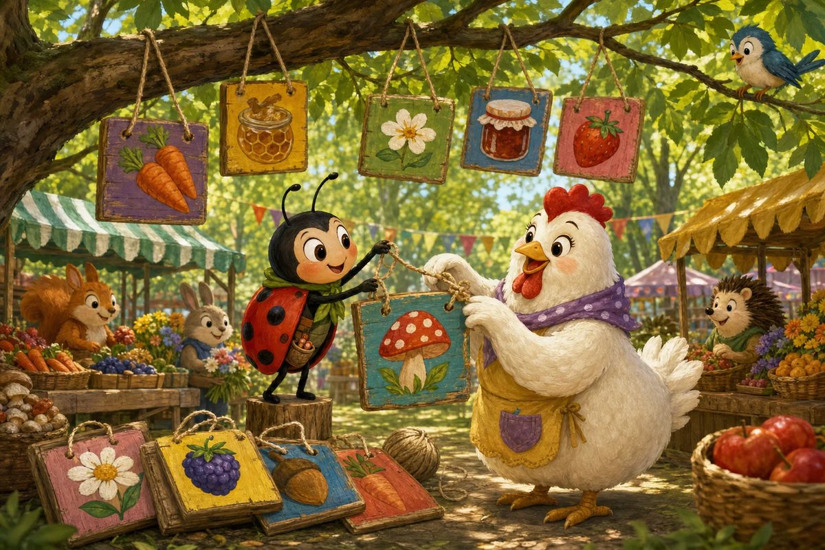Luckybug and Hen-Berry hang painted picture signs above the stalls.