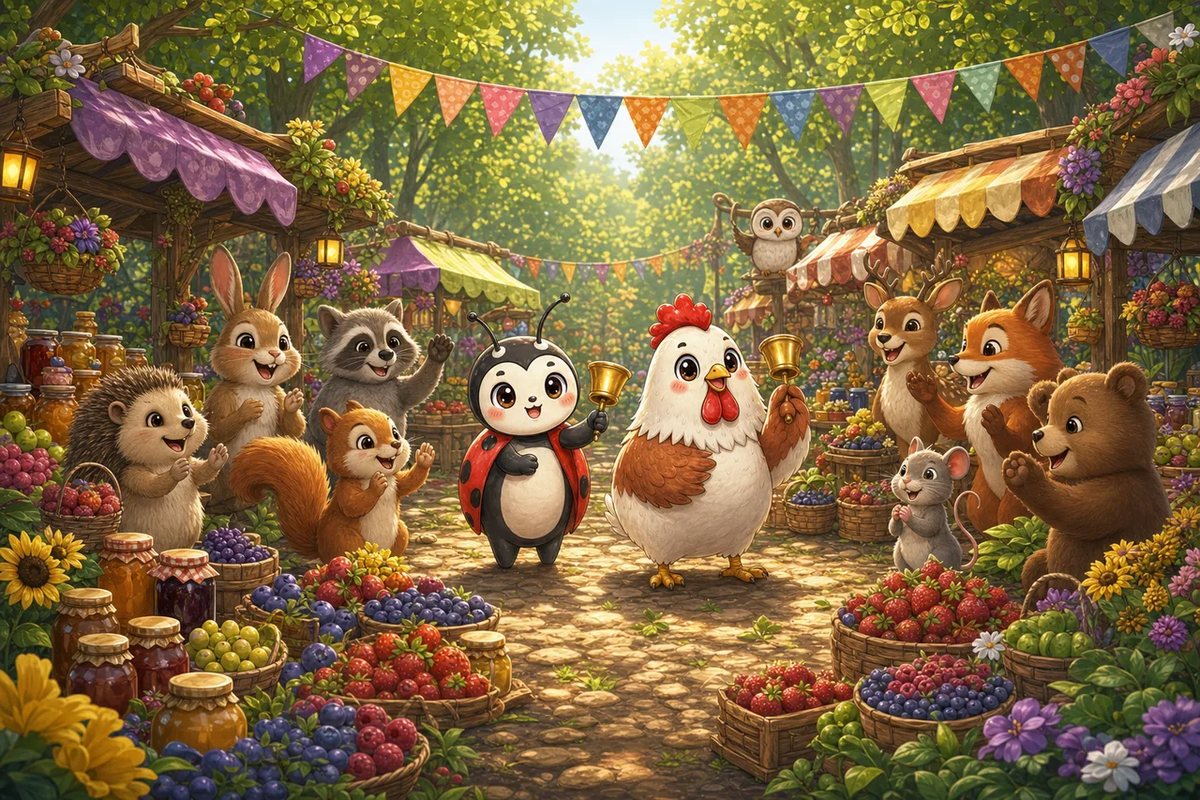Woodland friends arrive at the busy market as the noon bell rings.