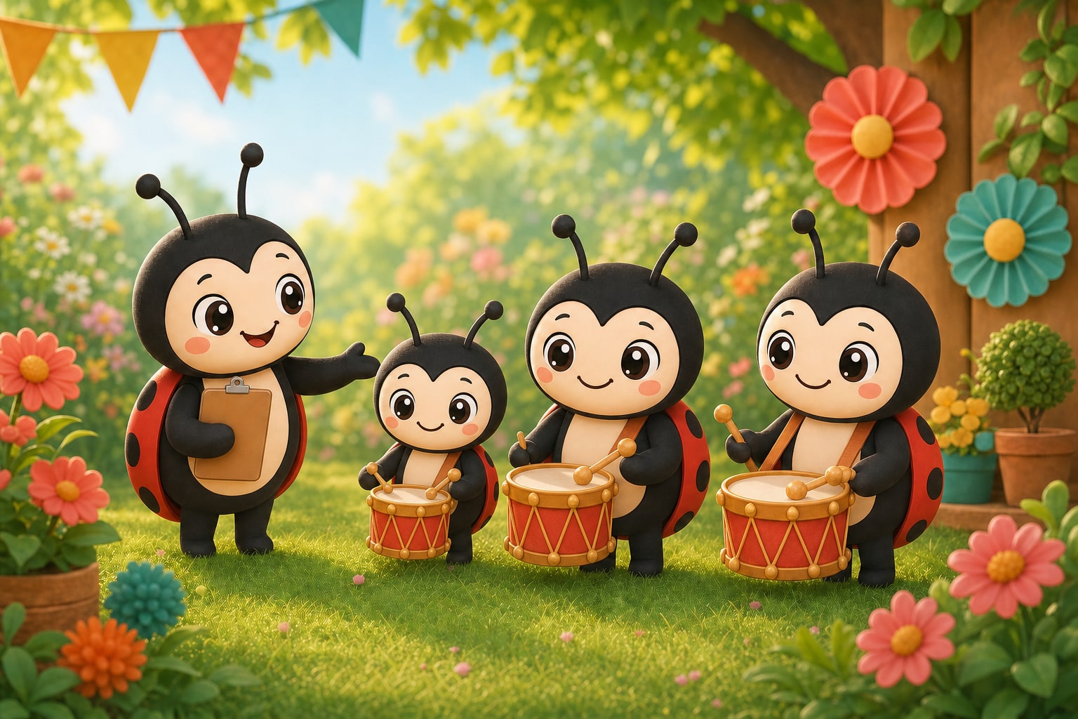 Luckybug points to three ladybird drummers standing in a row with their drums.