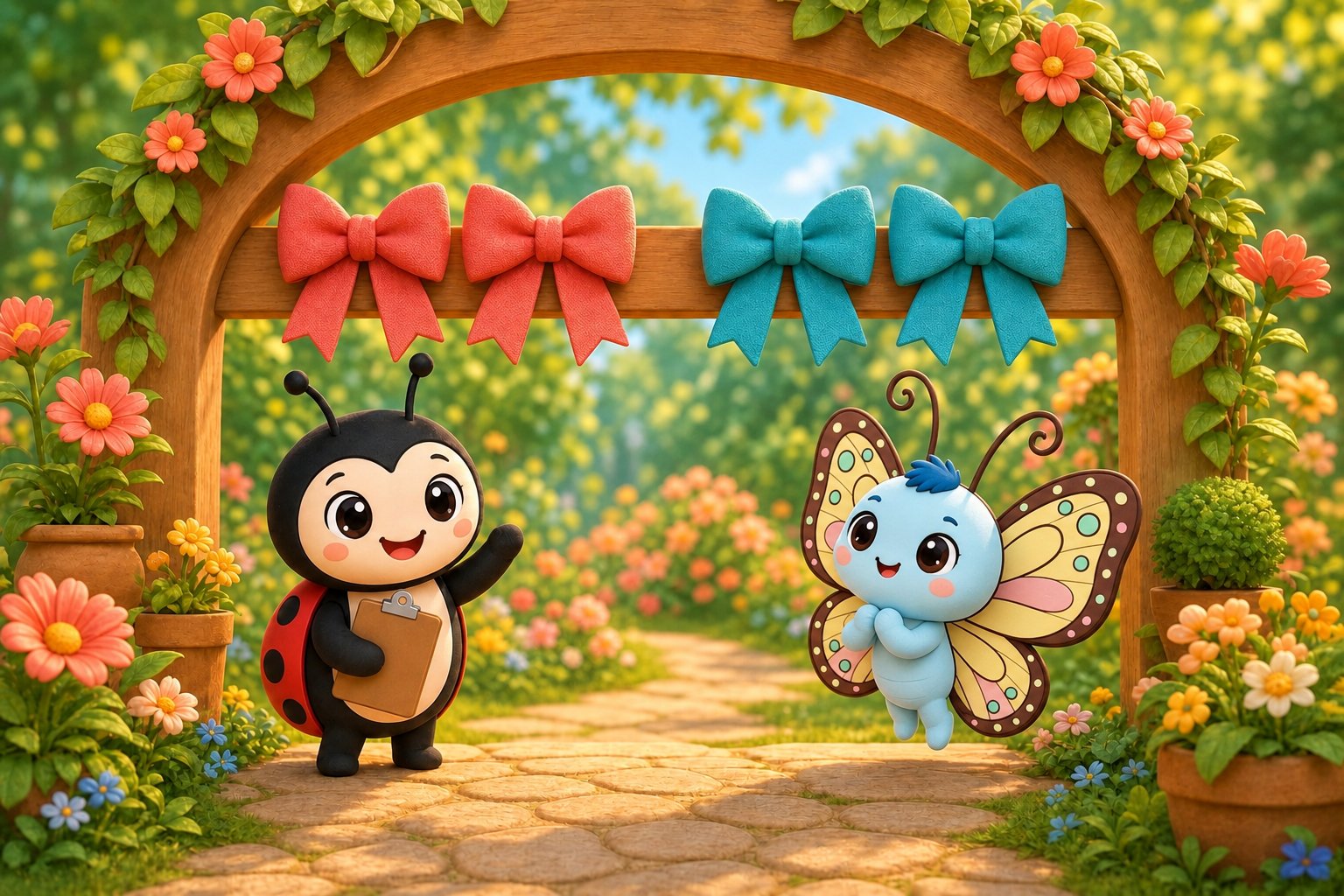 Under a garden arch hung with two red bows and two blue bows, Luckybug waves and Flutter-Butter flutters nearby.