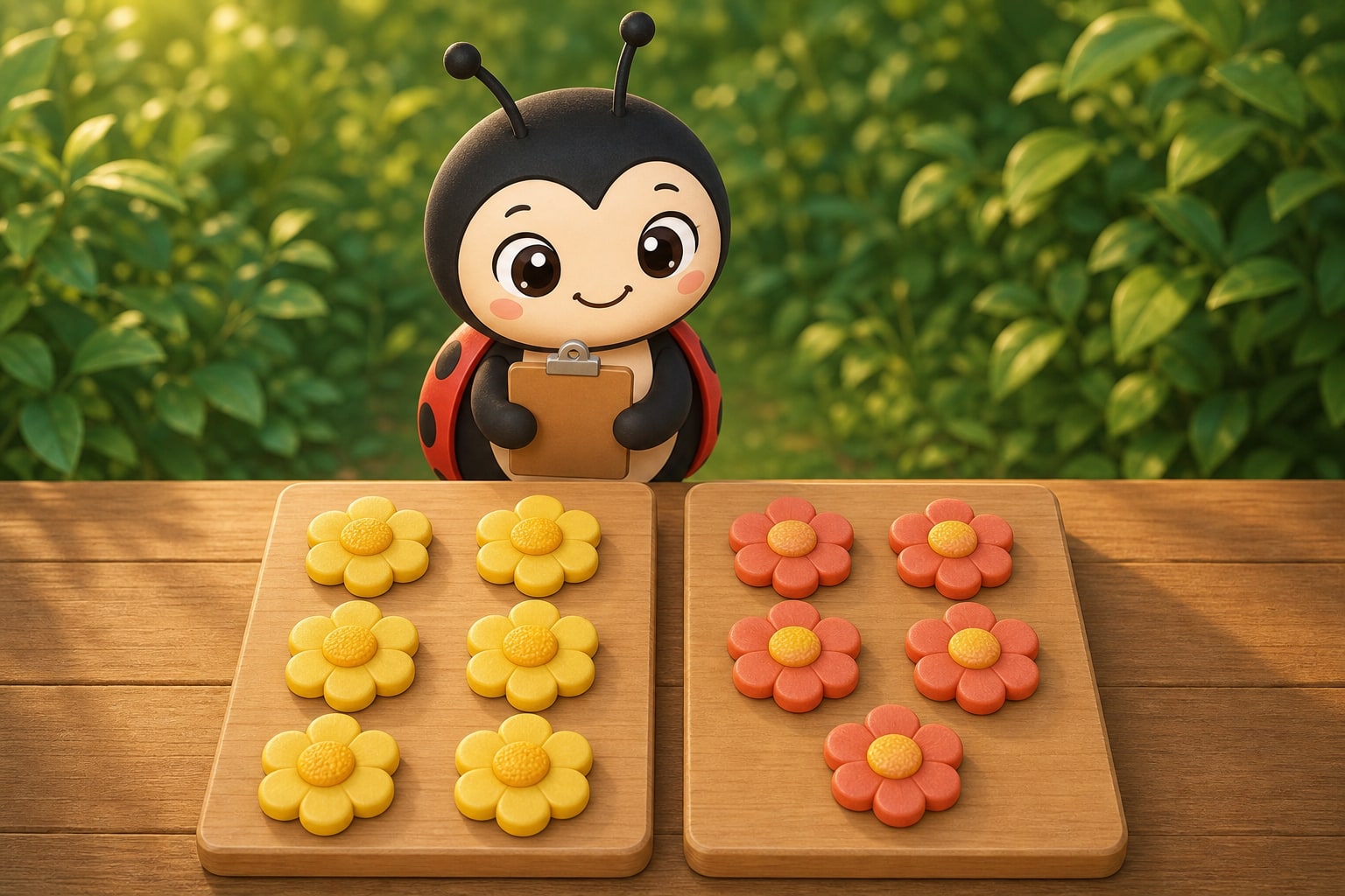 Luckybug behind two boards of flowers: six yellow flowers in pairs, and five red flowers with one left over.