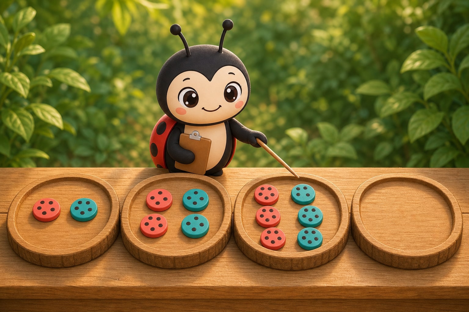 Luckybug points at trays holding two, four and six counters, with an empty tray at the end.