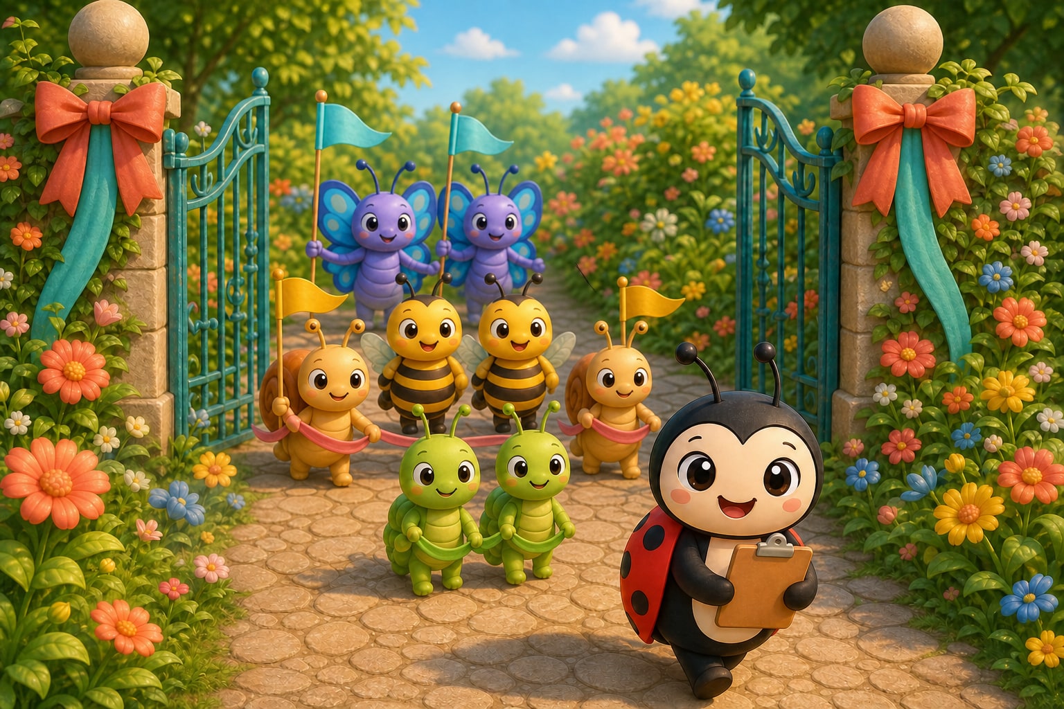 Luckybug leads the parade through the garden gate: two butterflies, two bees, two snails and two caterpillars marching in pairs.