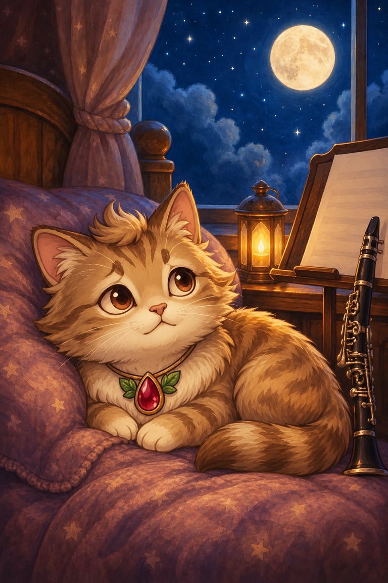 Meow-inara, a round tabby wearing her red pendant, lies awake on plum cushions by a moonlit window.