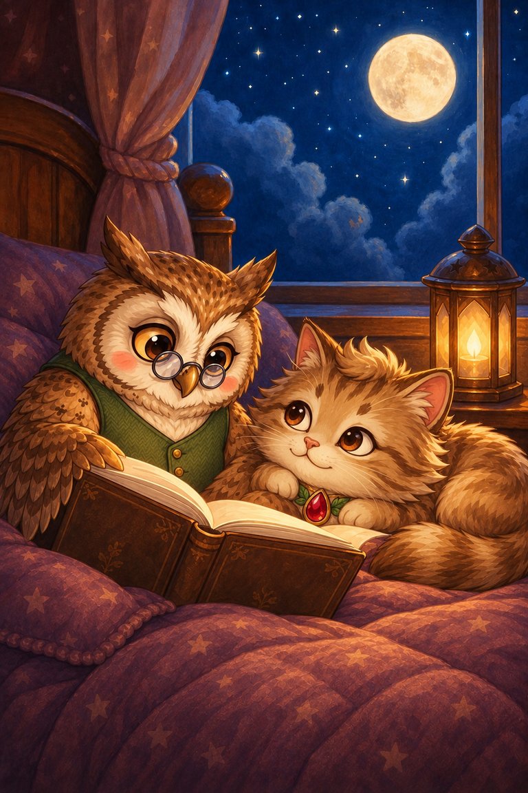 Wise Owl reads a bedtime book beside Meow-inara on the window seat.