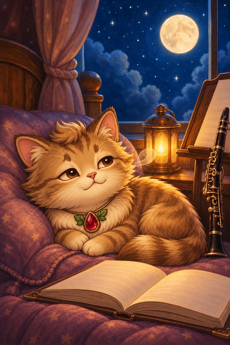 Meow-inara rests beside an open book, looking calmer in the warm lantern light.