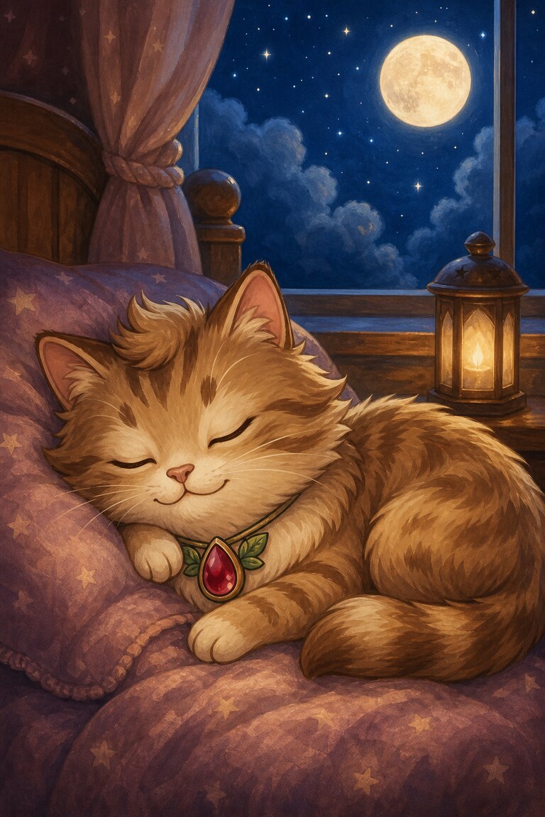 Meow-inara sleeps on the plum cushions beneath the moonlit window, her red pendant resting at her chest.