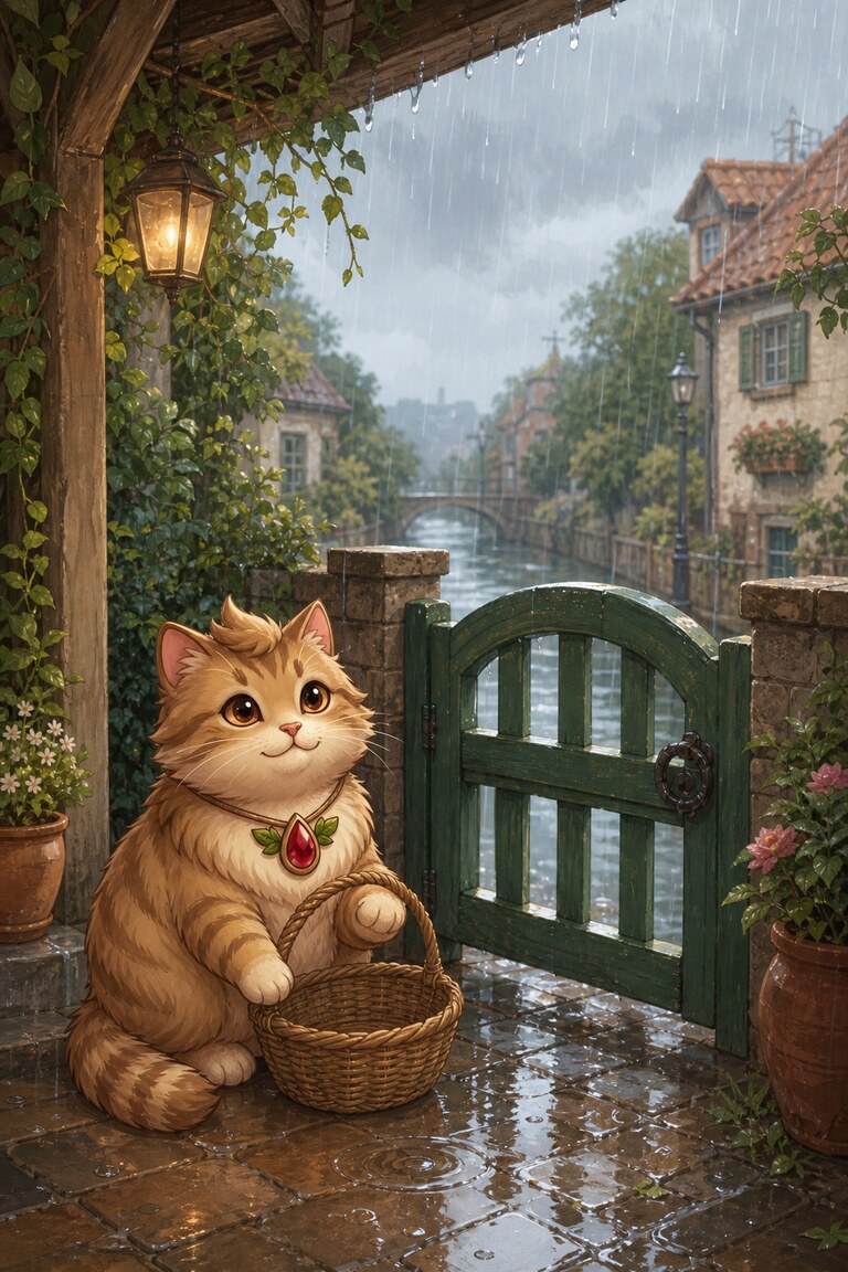 Meow-inara the cat waits with a basket by a green gate in the rain.