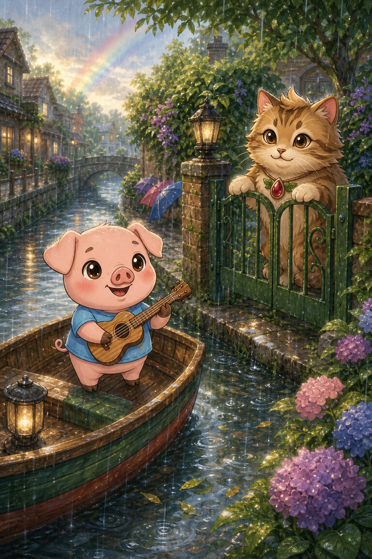 Pork-ulele plays a ukulele in a small boat on the canal while Meow-inara watches from the gate.