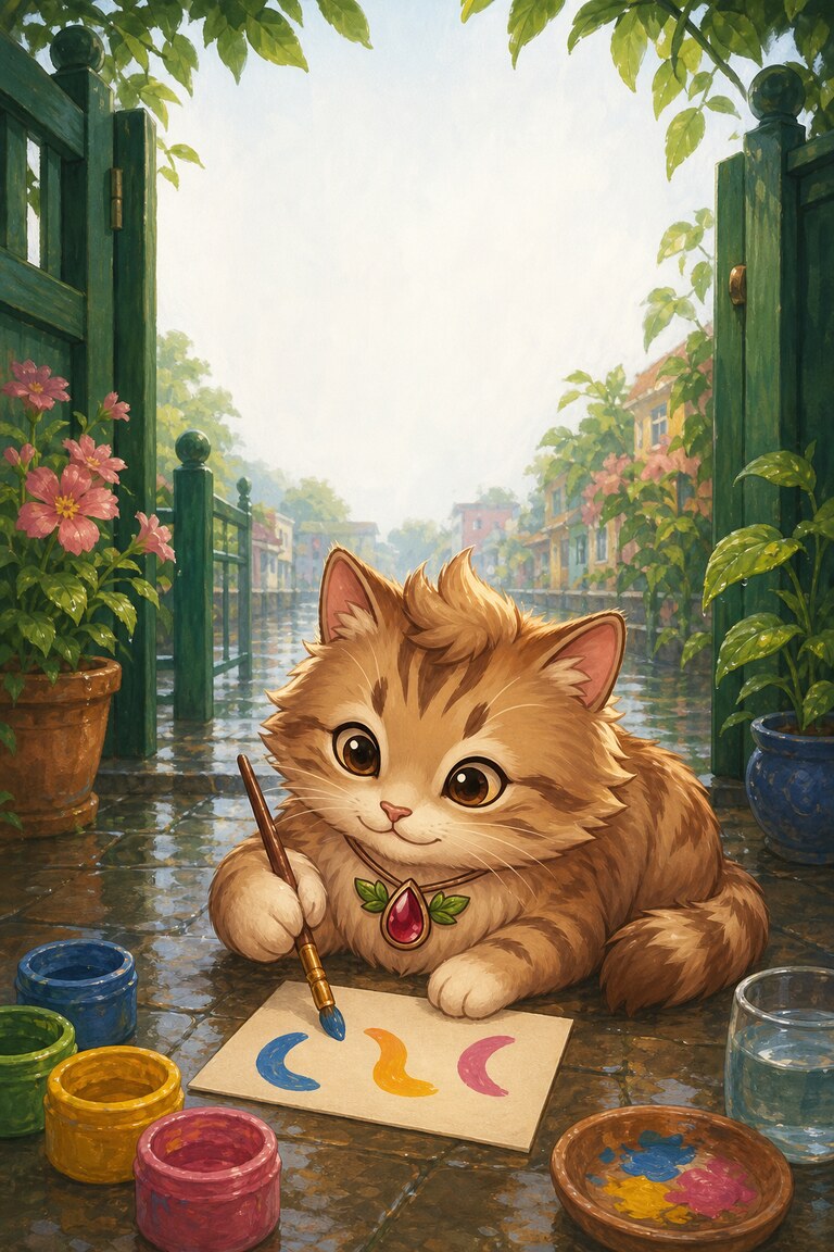 Meow-inara paints three curved sound marks on paper beside pots of paint.