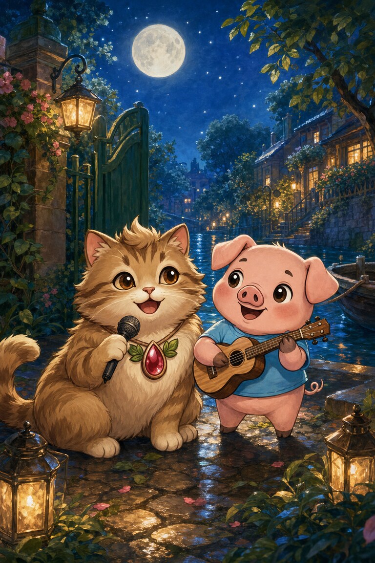 Meow-inara sings into a microphone as Pork-ulele plays under the full moon.