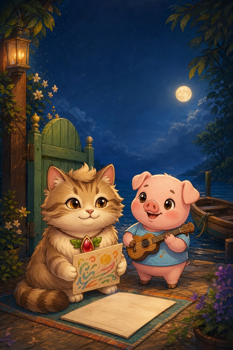 Meow-inara holds up her painted music sheet beside Pork-ulele and his ukulele.
