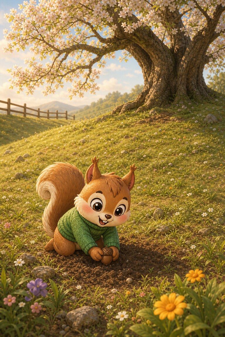 In spring, Nutmeg plants an acorn under a blossoming oak tree.