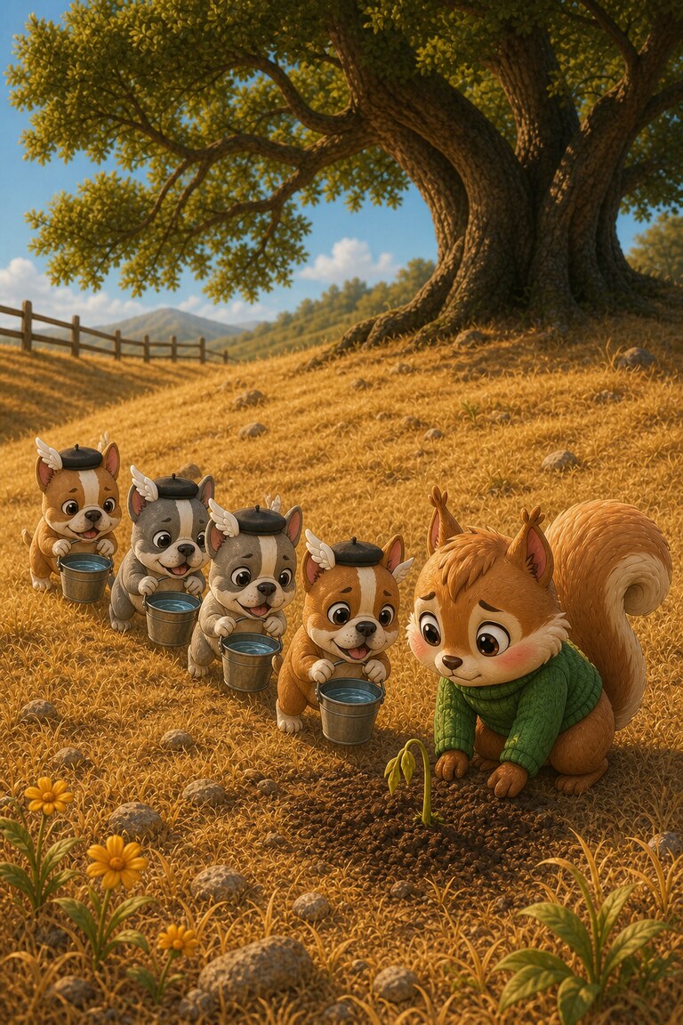 In summer, a line of Baby Bulldogs carries buckets of water to Nutmeg's little shoot.
